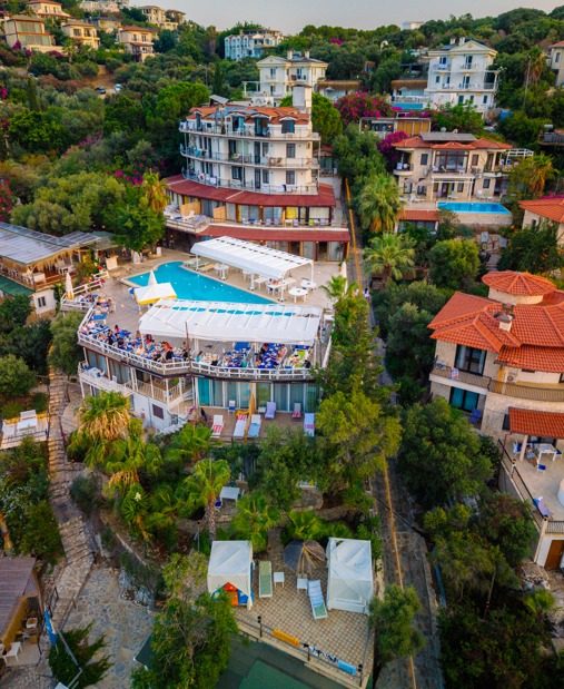The campus from above, with its pool terrace among pine and palm trees